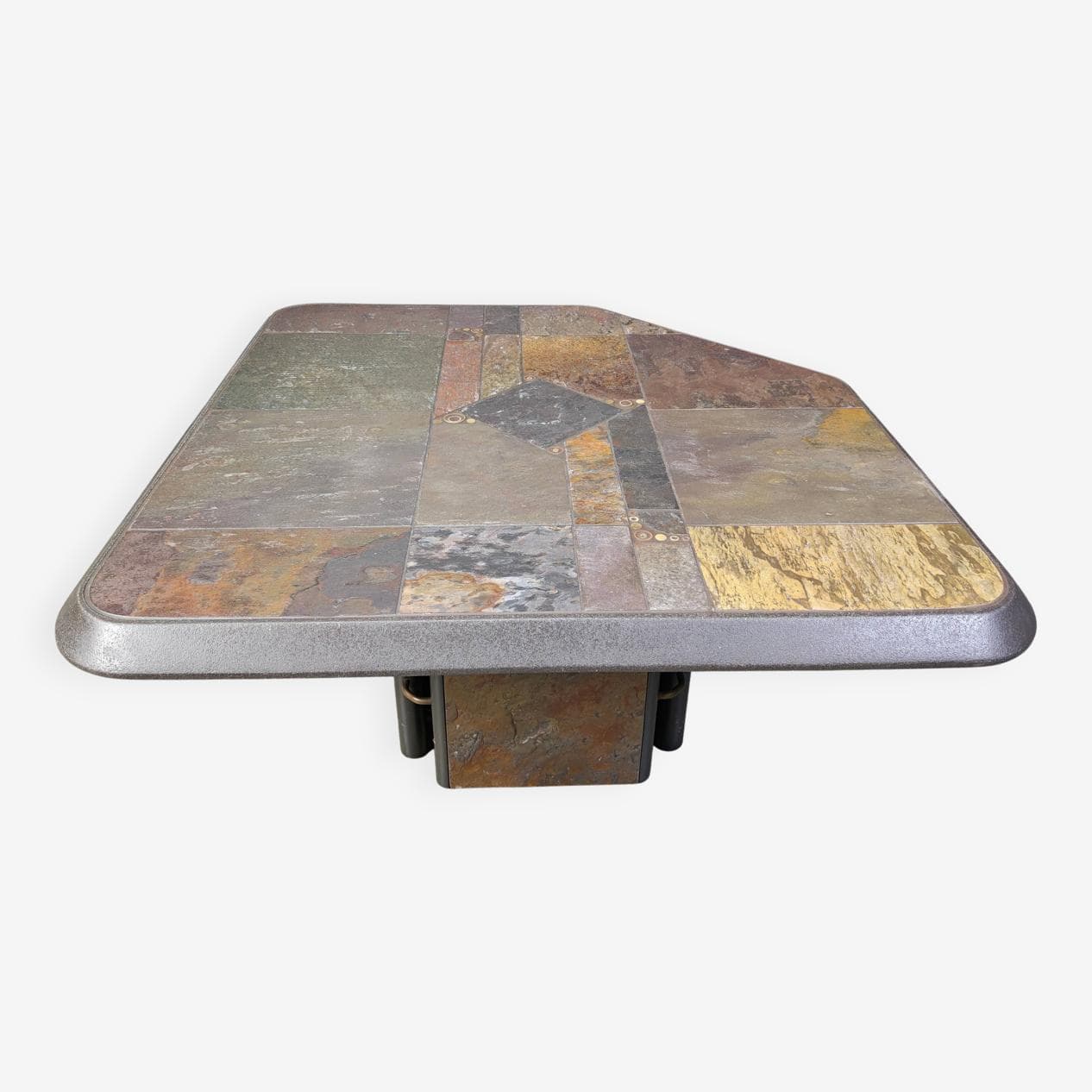 Stolik kawowy brutalistyczny, multikolor, kamień, metal, Belgia, lata 80. - 329698