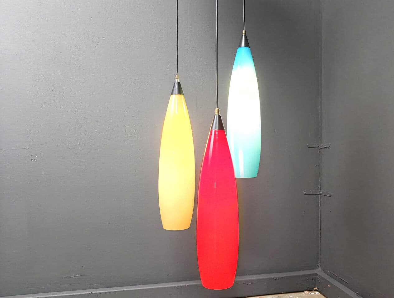 Set of three pendant lights, colored glass red blue yellow, black metal, Vistosi, Italy, 1970s. - 329685