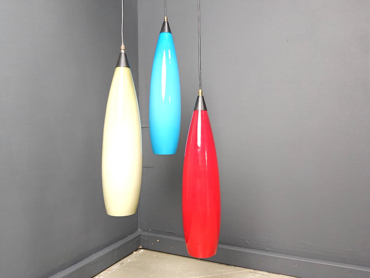 Set of three pendant lights, colored glass red blue yellow, black metal, Vistosi, Italy, 1970s. - 329688