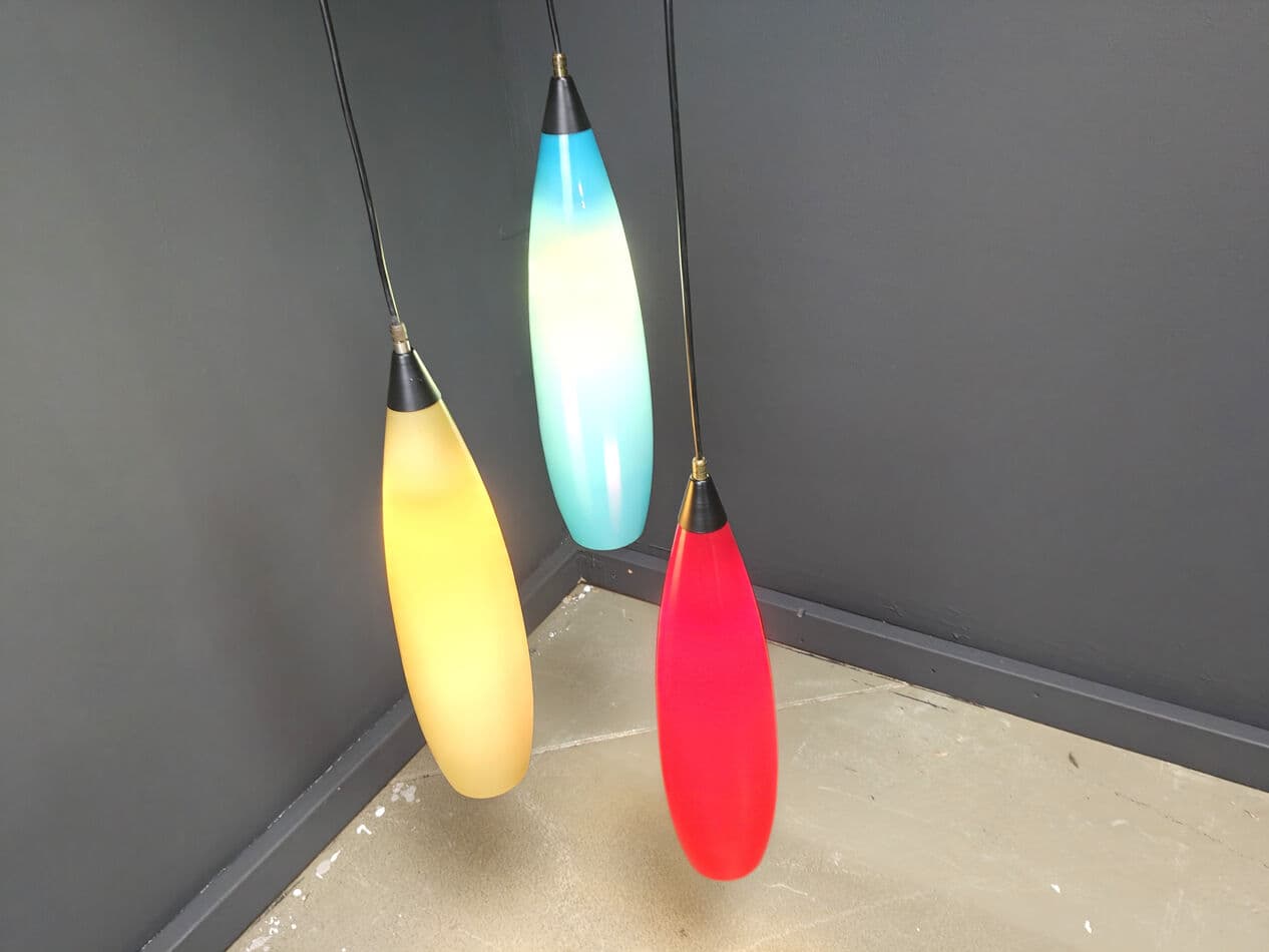 Set of three pendant lights, colored glass red blue yellow, black metal, Vistosi, Italy, 1970s. - 329692