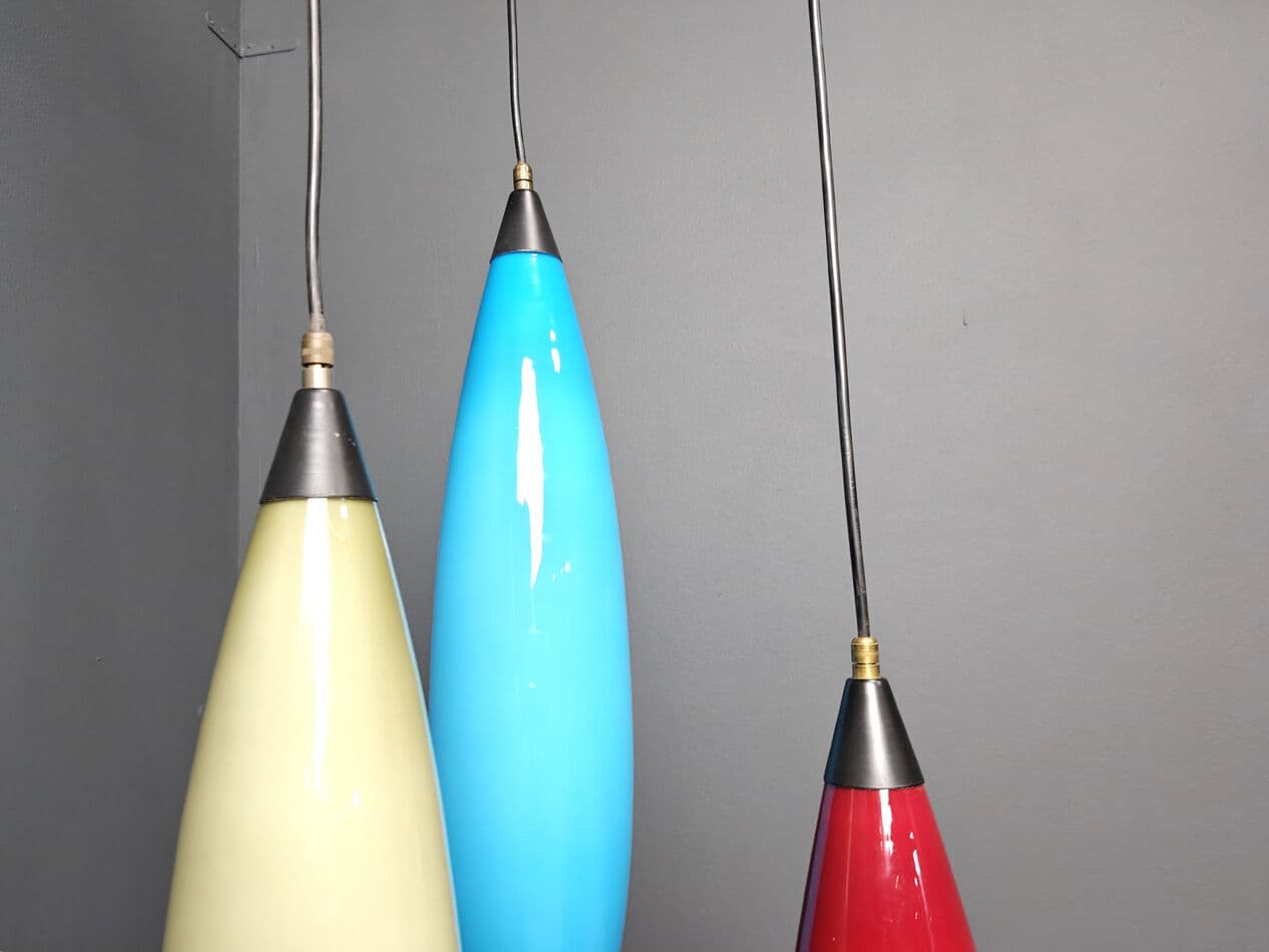 Set of three pendant lights, colored glass red blue yellow, black metal, Vistosi, Italy, 1970s. - 329691