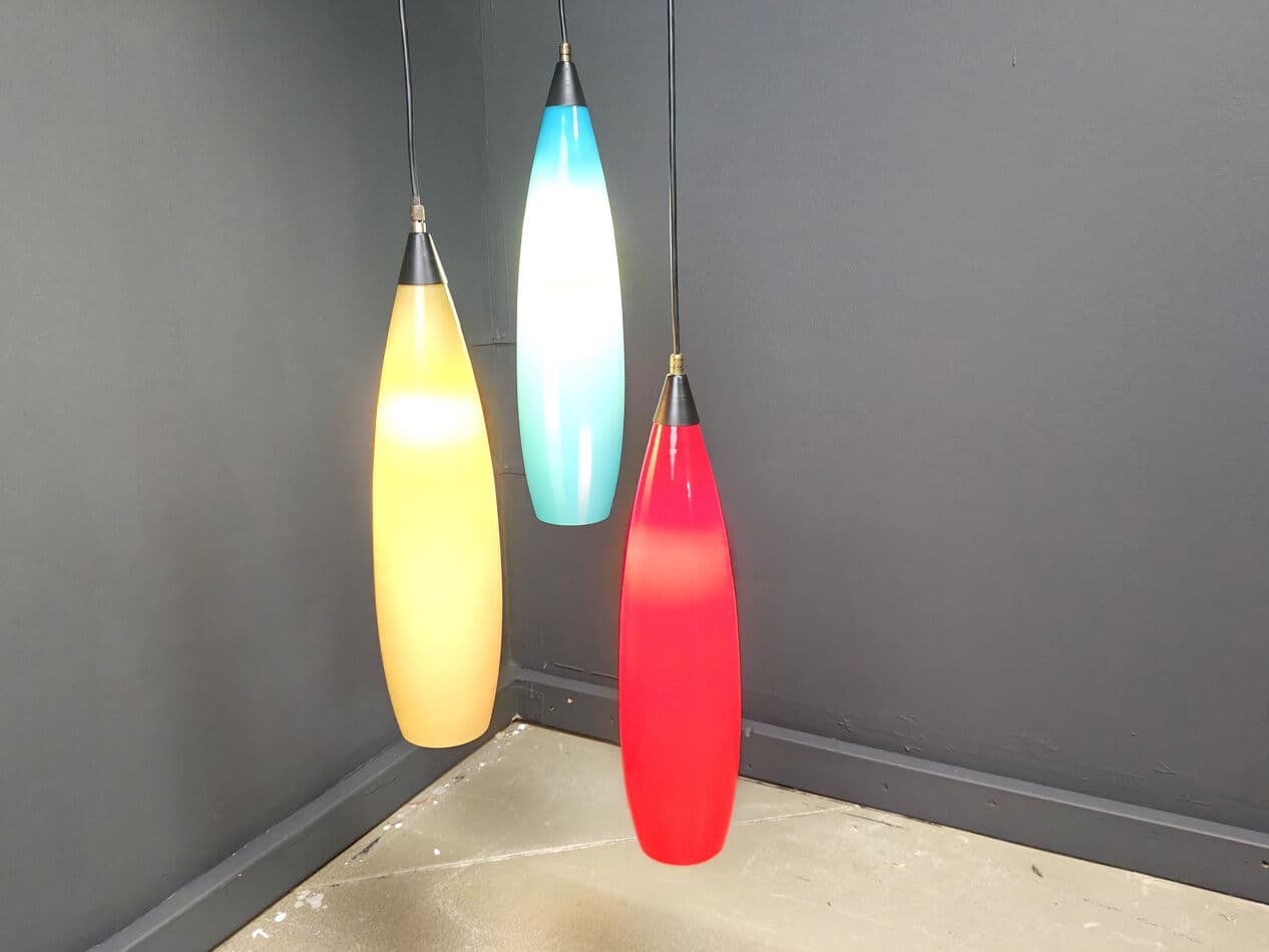 Set of three pendant lights, colored glass red blue yellow, black metal, Vistosi, Italy, 1970s. - 329693