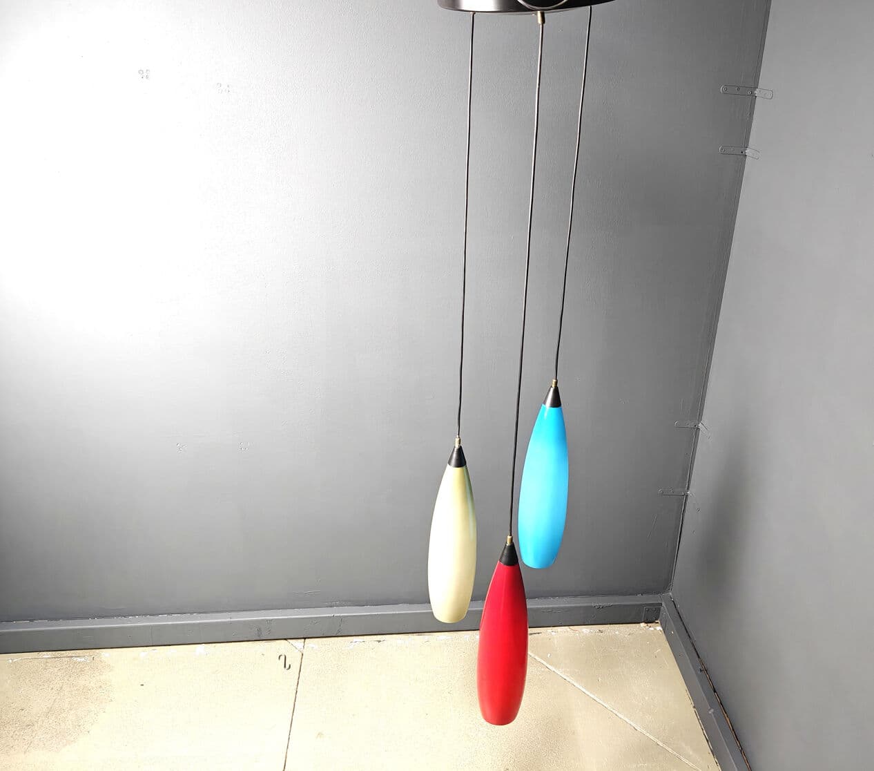 Set of three pendant lights, colored glass red blue yellow, black metal, Vistosi, Italy, 1970s. - 329684