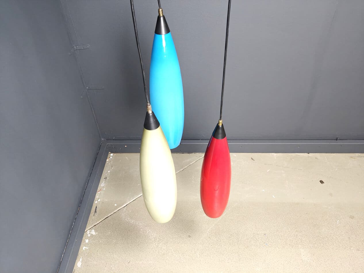 Set of three pendant lights, colored glass red blue yellow, black metal, Vistosi, Italy, 1970s. - 329689