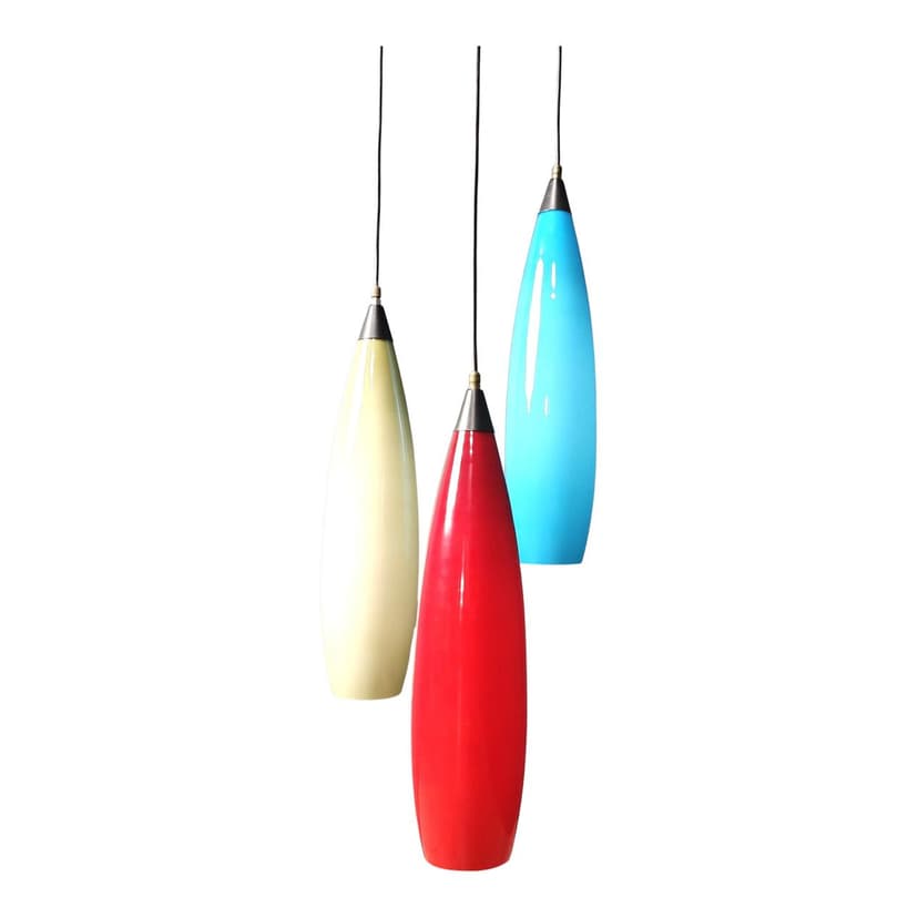 Set of three pendant lights, colored glass red blue yellow, black metal, Vistosi, Italy, 1970s.