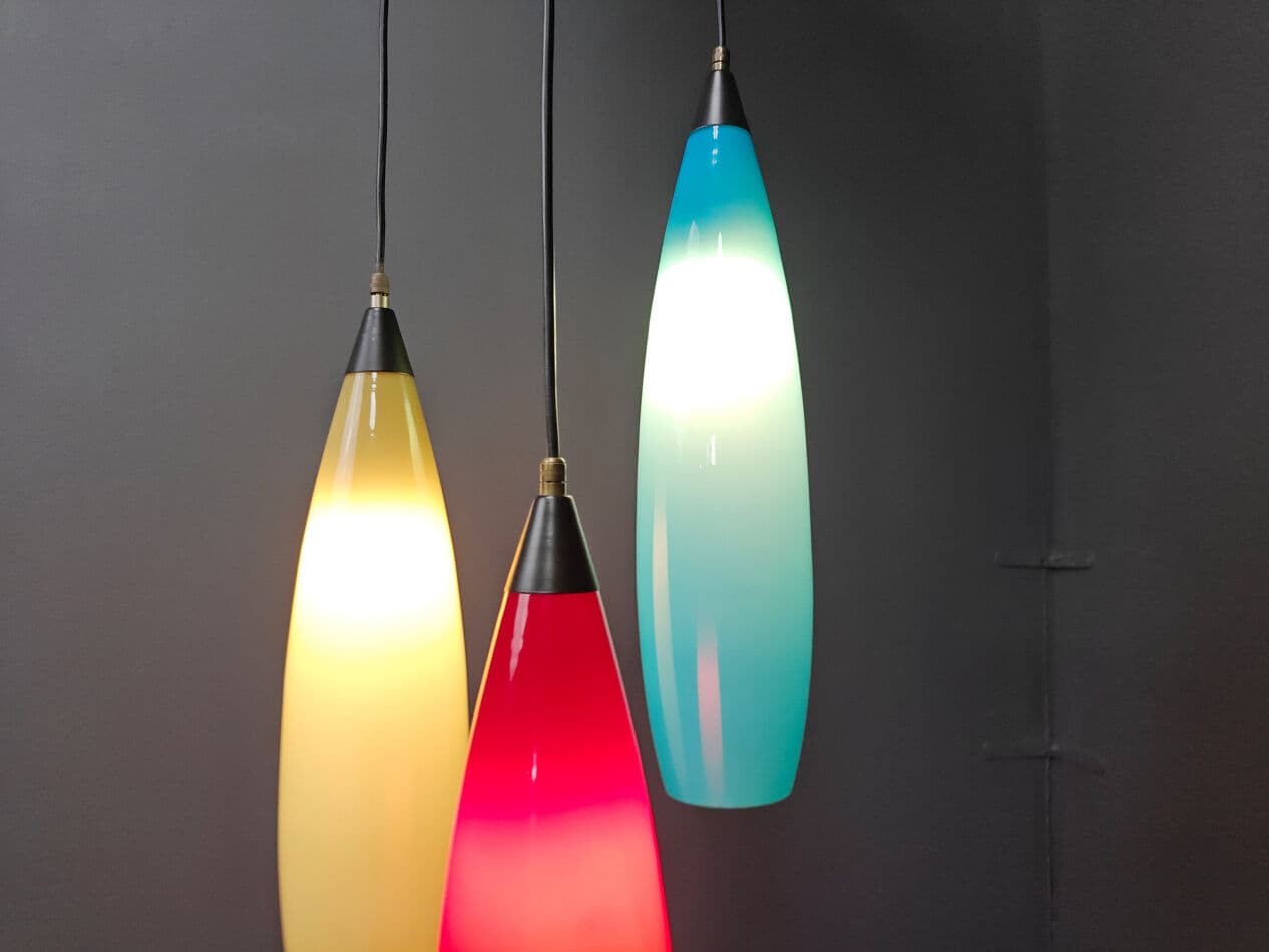 Set of three pendant lights, colored glass red blue yellow, black metal, Vistosi, Italy, 1970s. - 329694