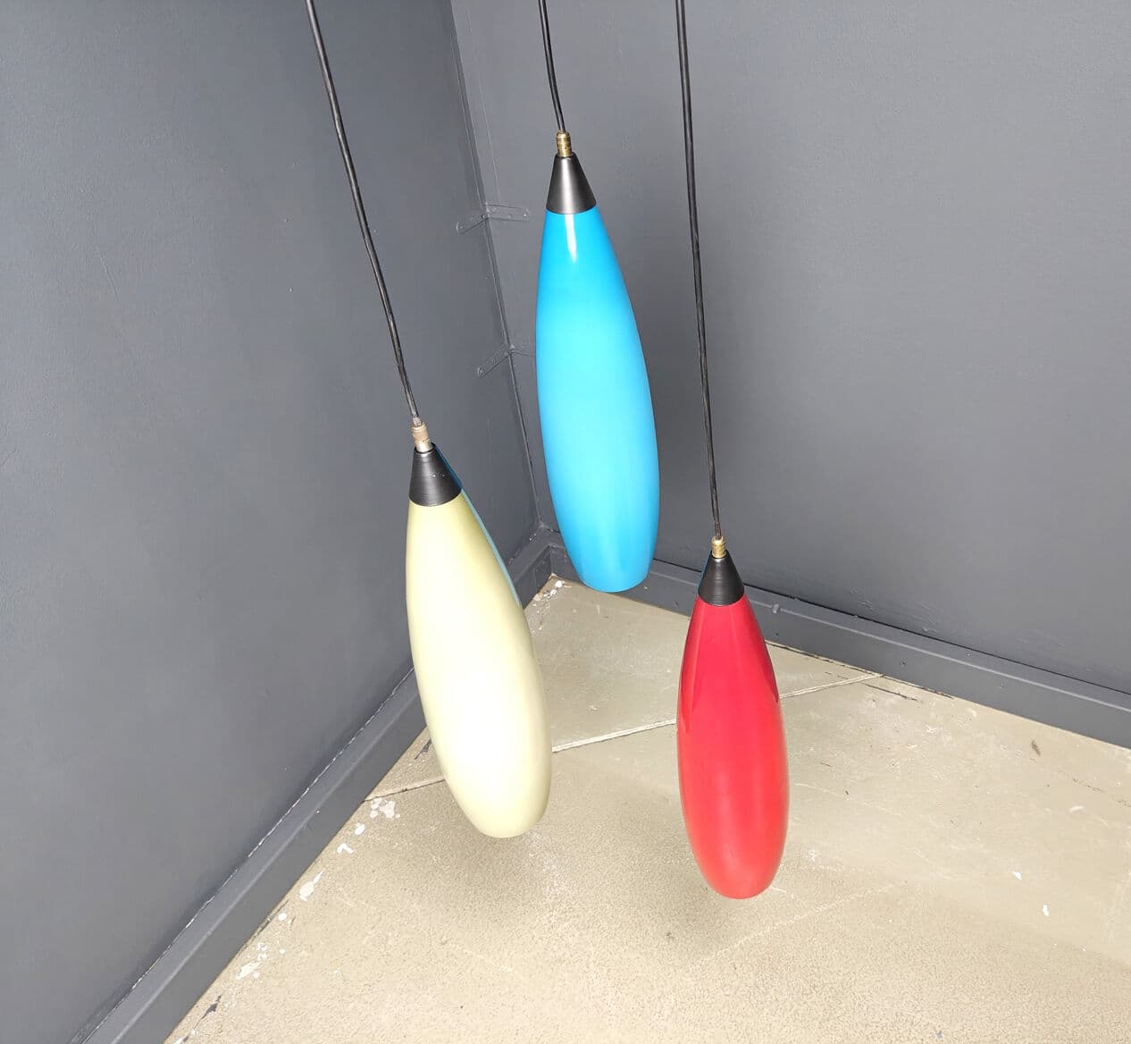 Set of three pendant lights, colored glass red blue yellow, black metal, Vistosi, Italy, 1970s. - 329687