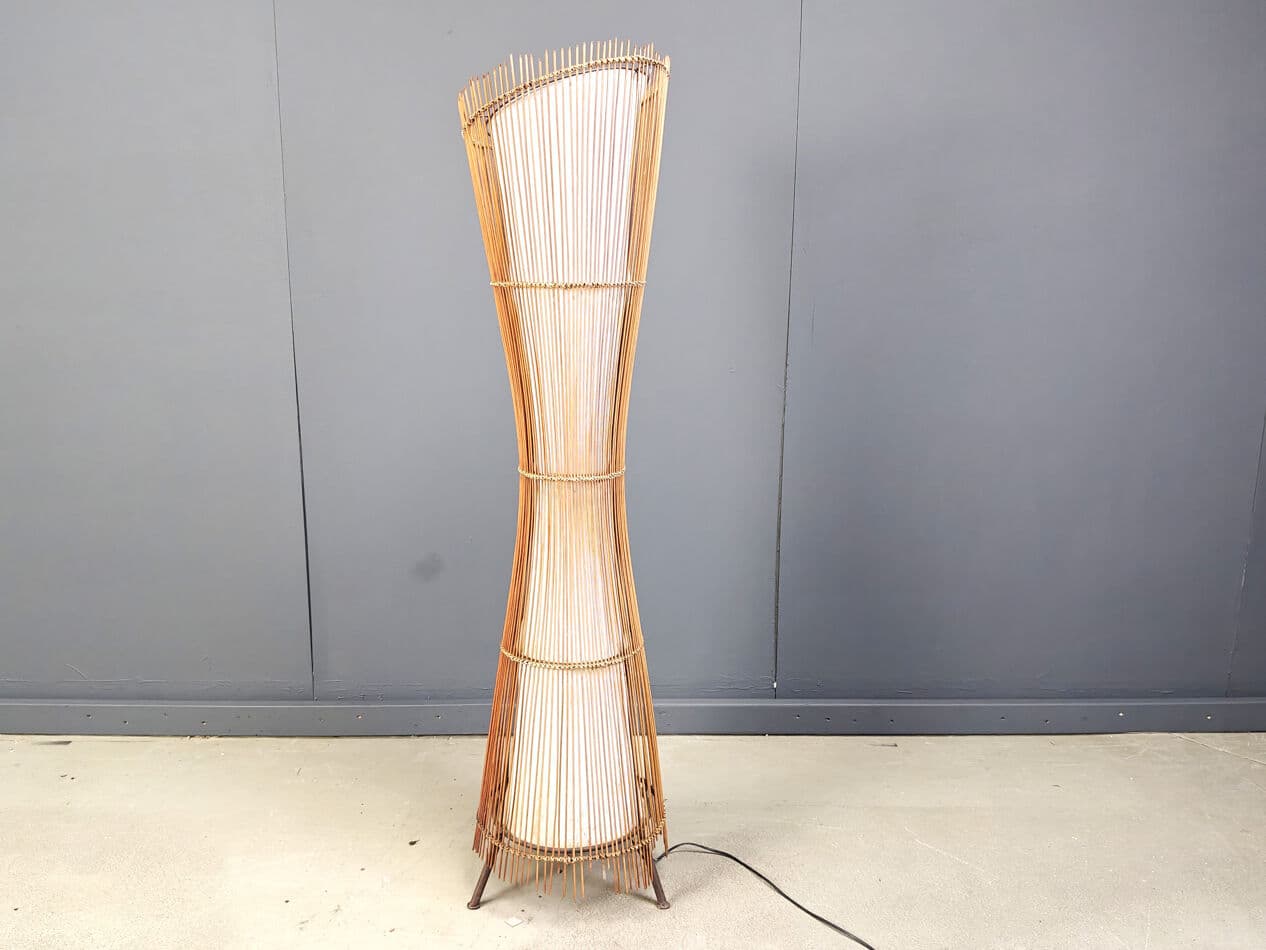 Floor lamp, brown bamboo, cream fabric, black metal, Italy, 1960s. - 329673