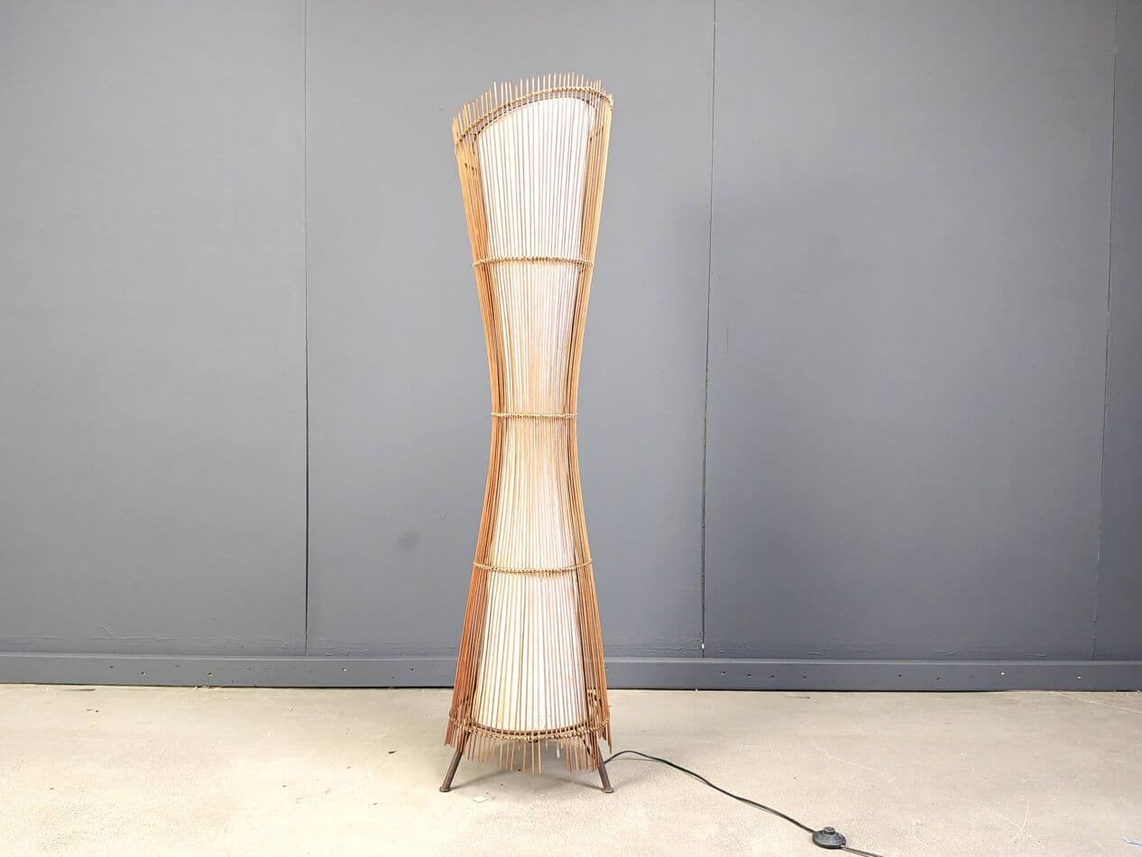 Floor lamp, brown bamboo, cream fabric, black metal, Italy, 1960s. - 329672