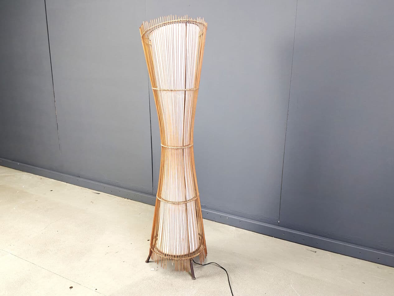 Floor lamp, brown bamboo, cream fabric, black metal, Italy, 1960s. - 329676