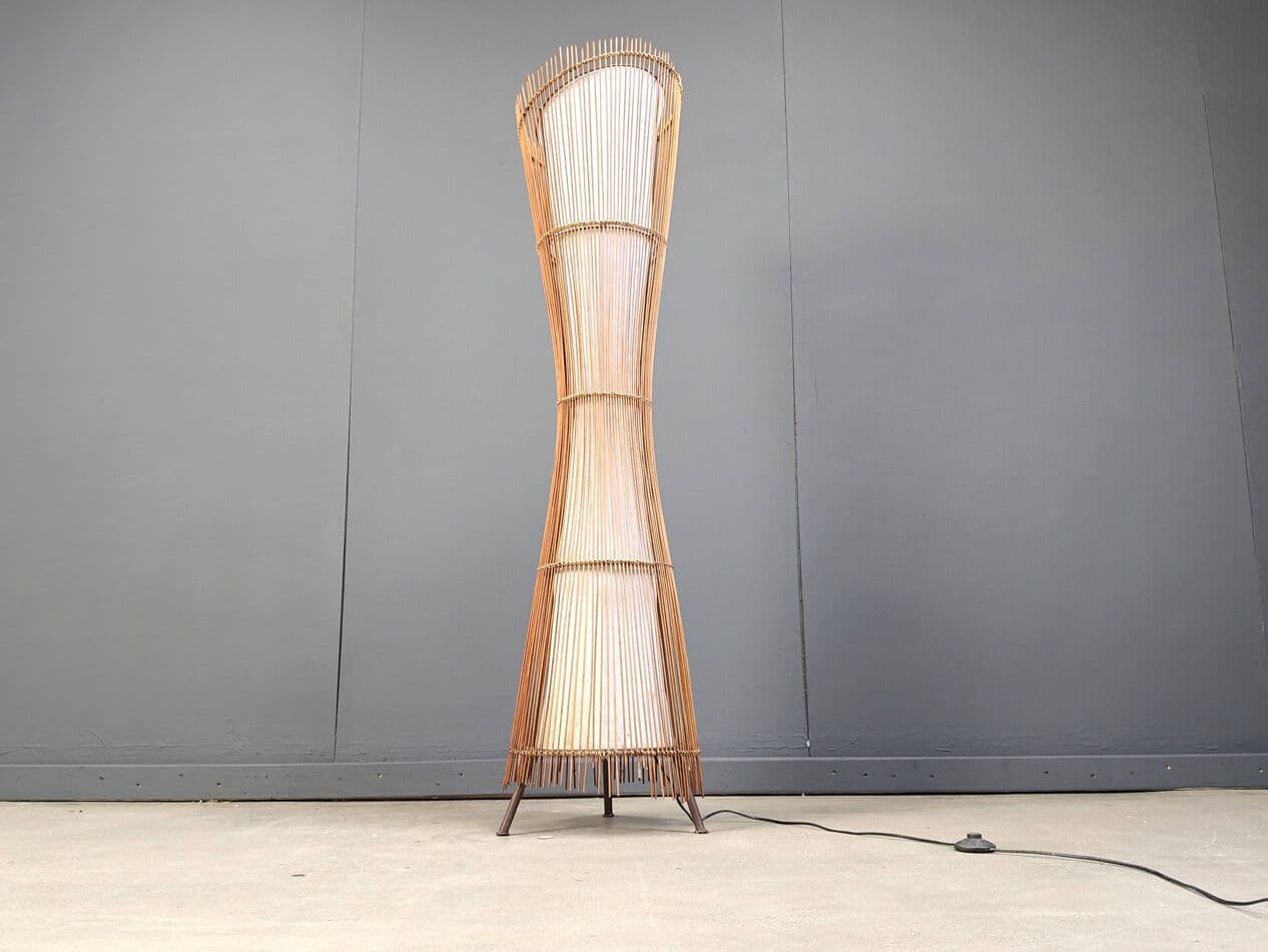 Floor lamp, brown bamboo, cream fabric, black metal, Italy, 1960s. - 329675