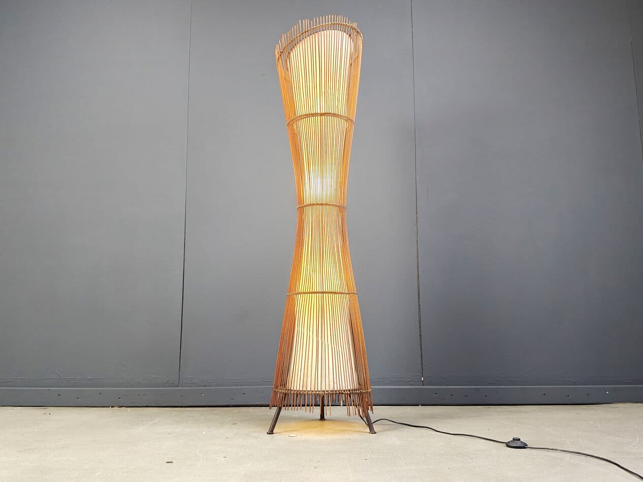 Floor lamp, brown bamboo, cream fabric, black metal, Italy, 1960s. - 329681