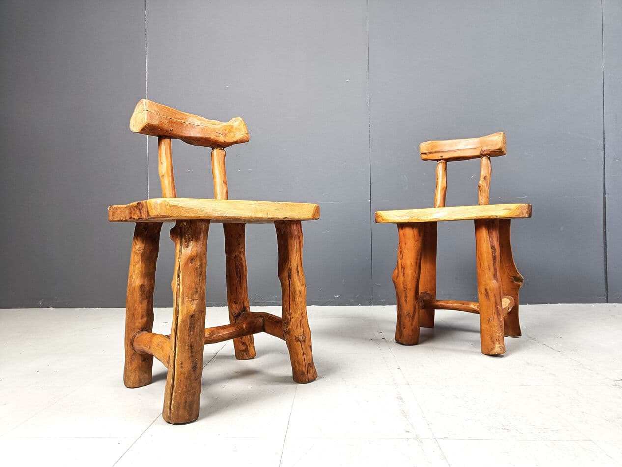 Set of six brutalist dining chairs, brown wood, Belgium, 1960s. - 329665