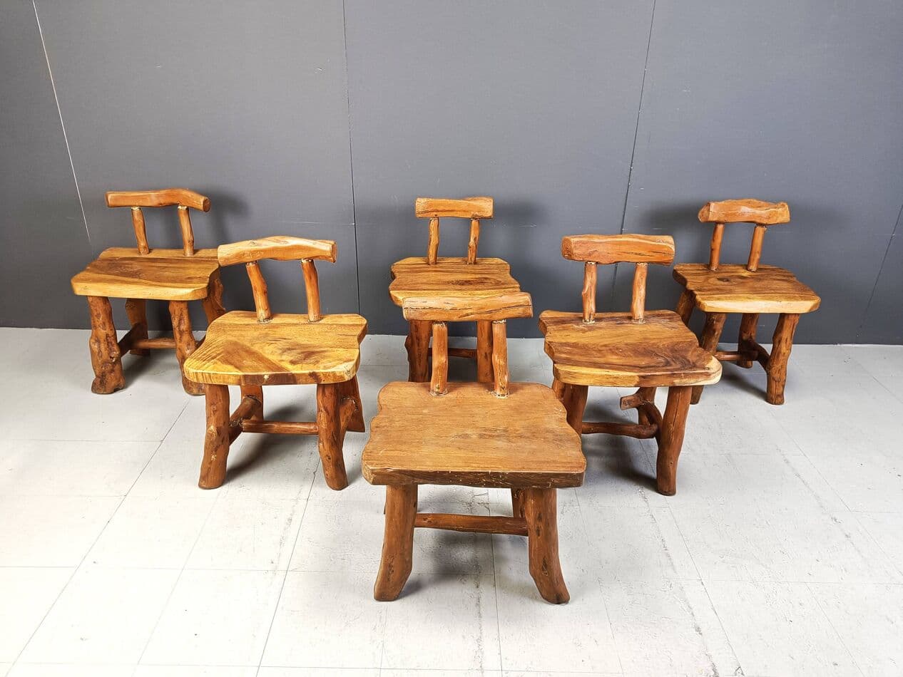 Set of six brutalist dining chairs, brown wood, Belgium, 1960s. - 329668