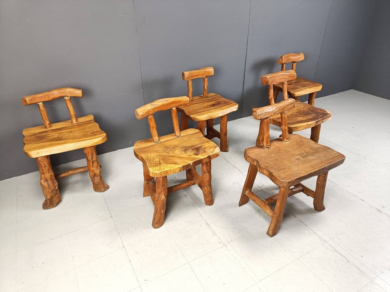Set of six brutalist dining chairs, brown wood, Belgium, 1960s. - 329666