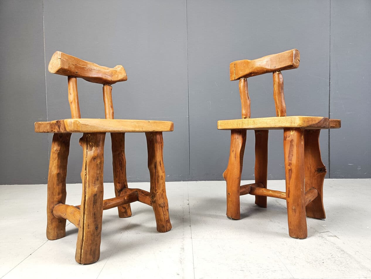 Set of six brutalist dining chairs, brown wood, Belgium, 1960s. - 329660