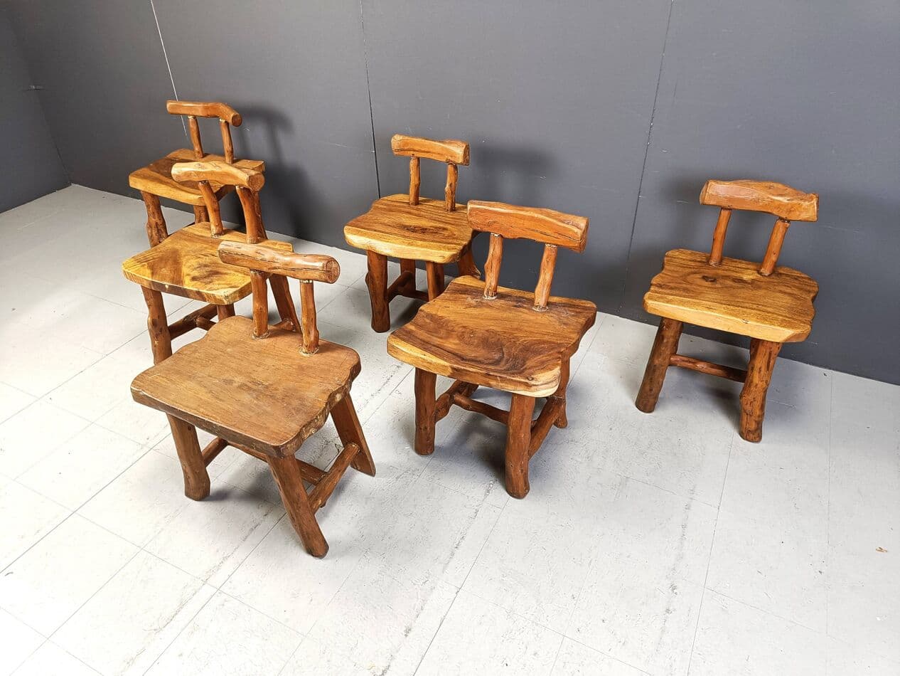 Set of six brutalist dining chairs, brown wood, Belgium, 1960s. - 329667