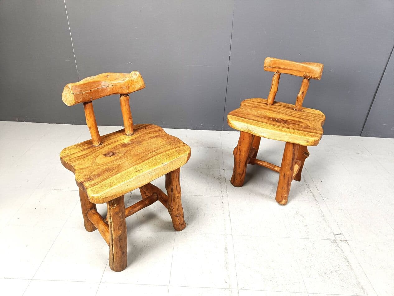 Set of six brutalist dining chairs, brown wood, Belgium, 1960s. - 329664