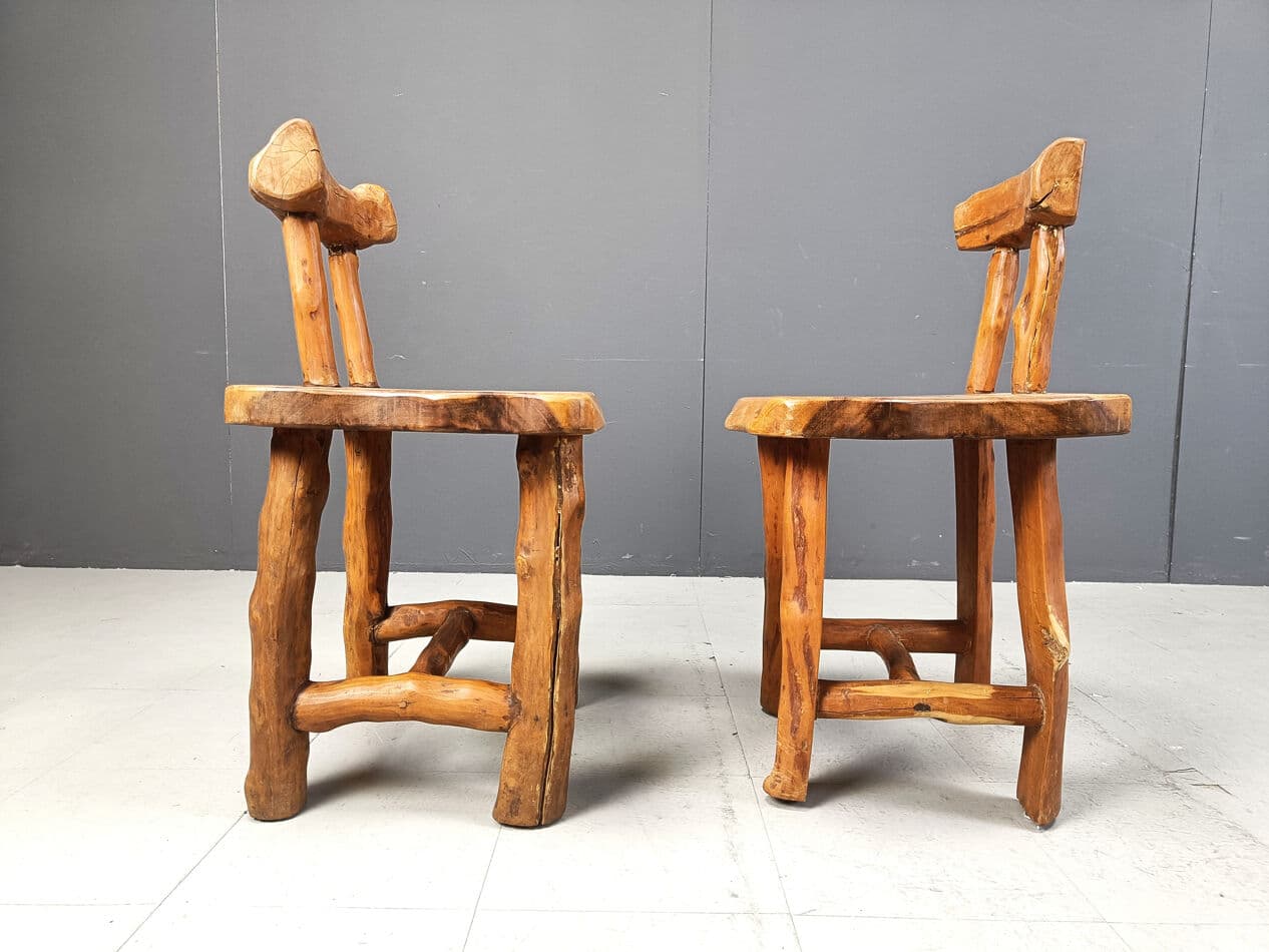 Set of six brutalist dining chairs, brown wood, Belgium, 1960s. - 329663