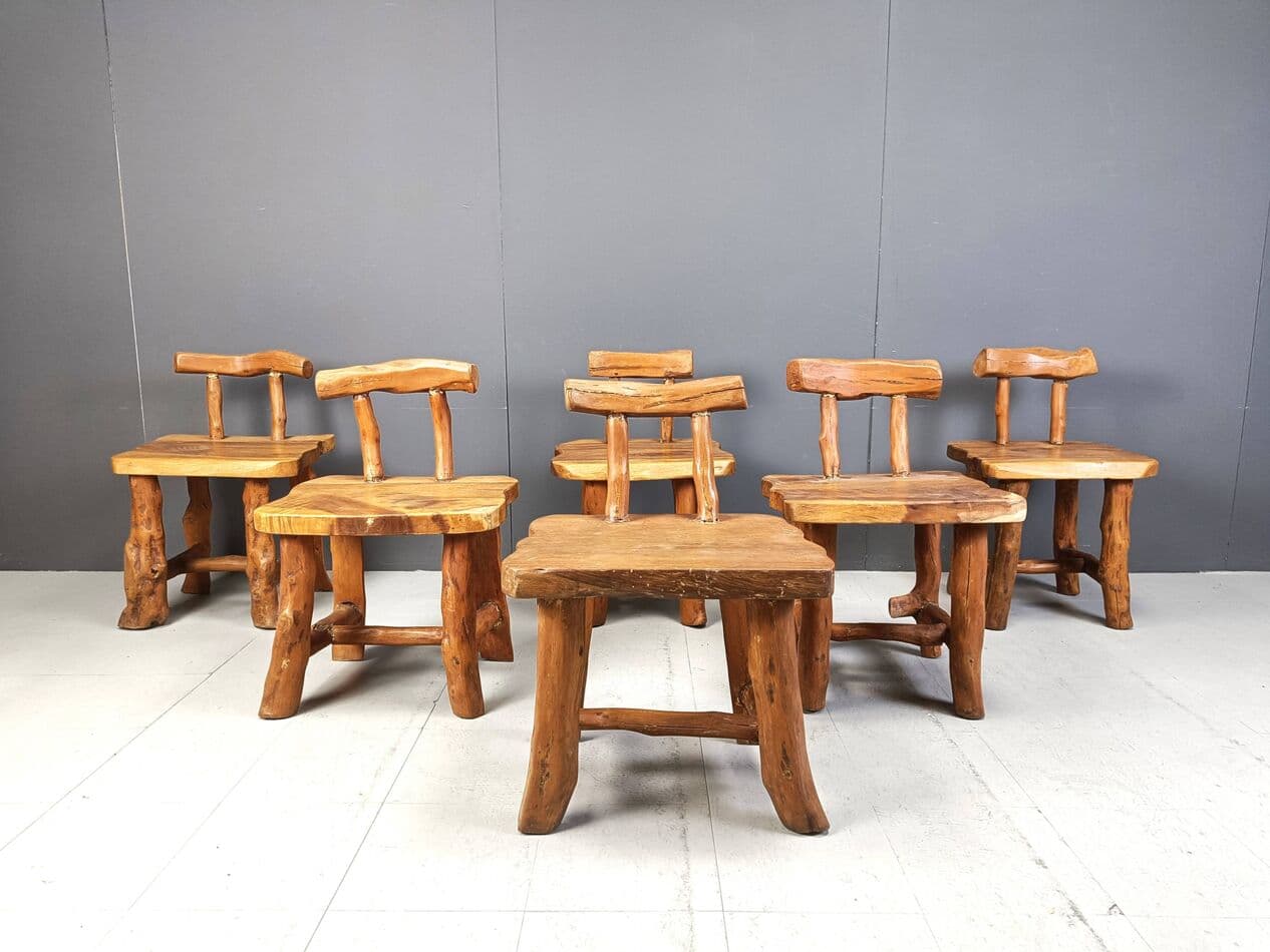 Set of six brutalist dining chairs, brown wood, Belgium, 1960s. - 329661