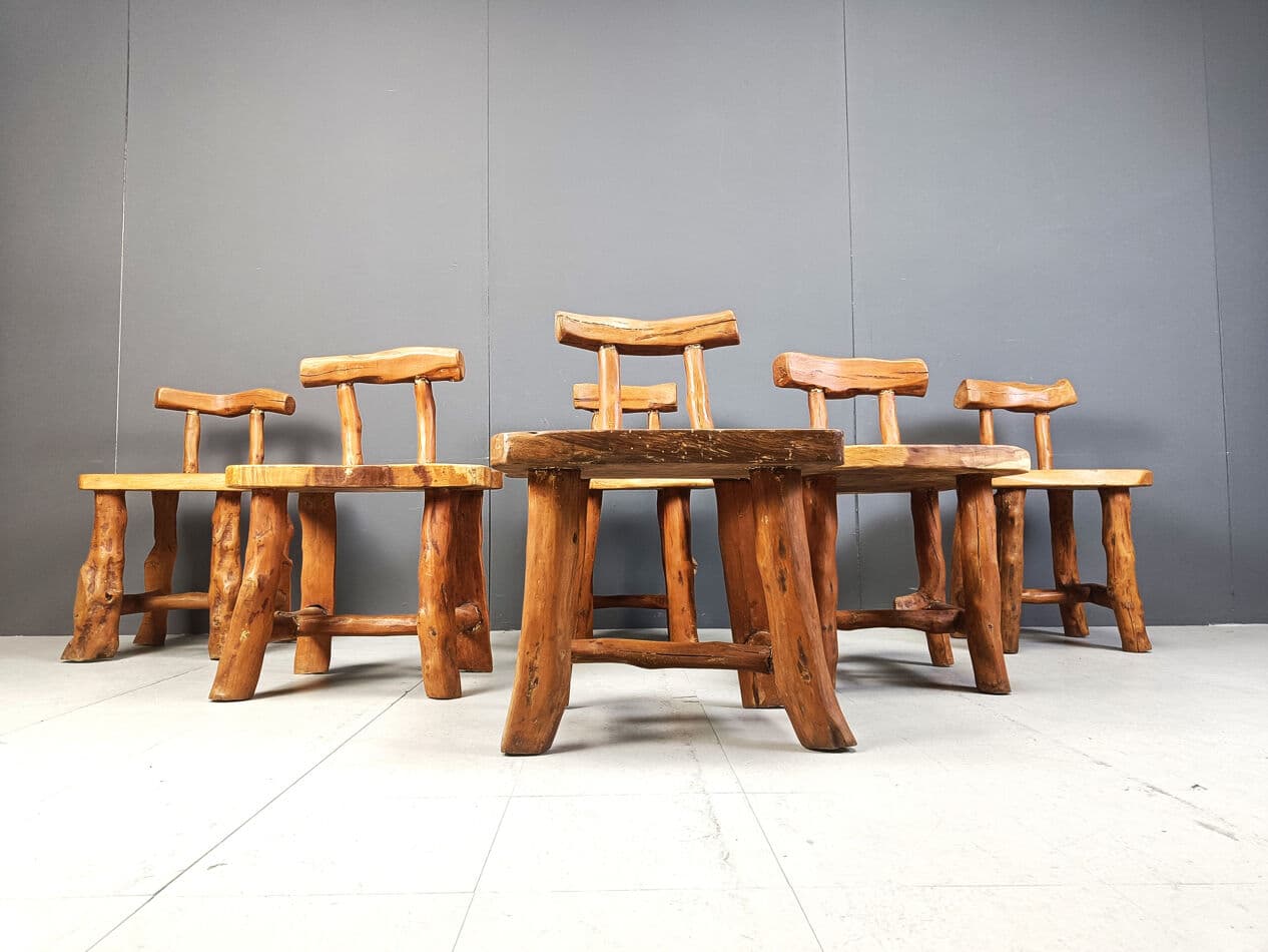Set of six brutalist dining chairs, brown wood, Belgium, 1960s. - 329670