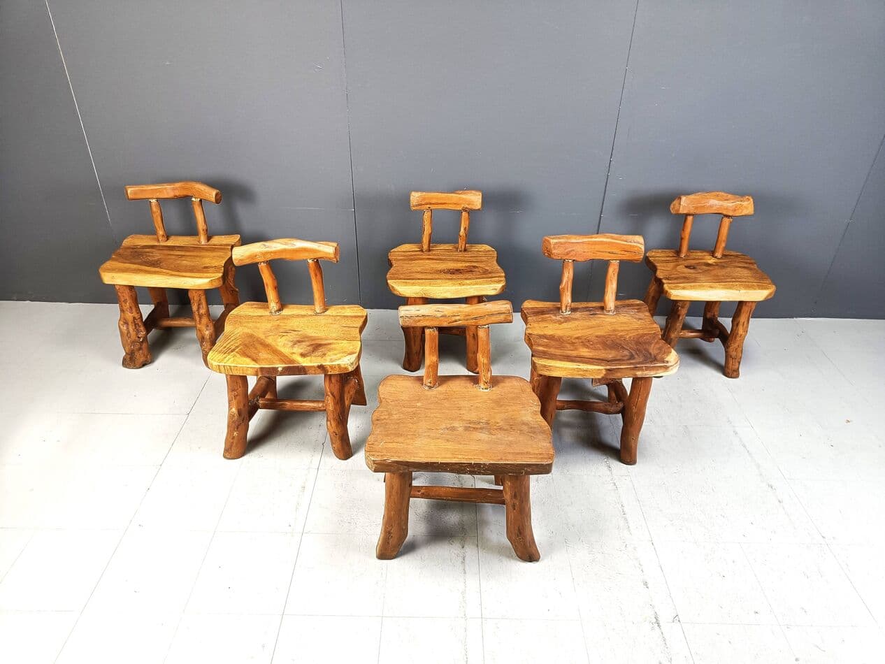 Set of six brutalist dining chairs, brown wood, Belgium, 1960s. - 329669