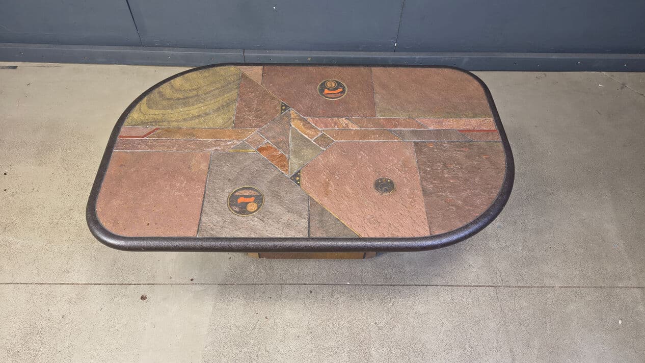 Coffee Table, Paul Kingma Style, brown stone, brass, copper, Germany, 1980s - 329634