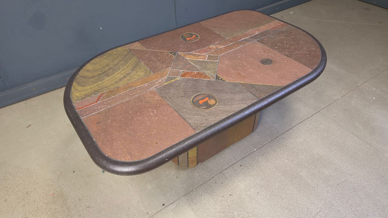 Coffee Table, Paul Kingma Style, brown stone, brass, copper, Germany, 1980s - 329629