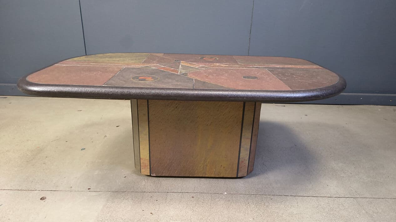 Coffee Table, Paul Kingma Style, brown stone, brass, copper, Germany, 1980s - 329627