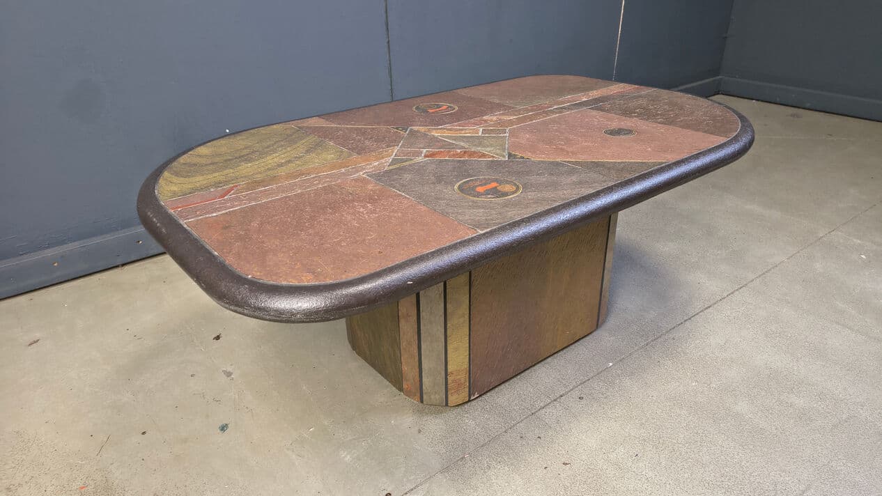 Coffee Table, Paul Kingma Style, brown stone, brass, copper, Germany, 1980s - 329631