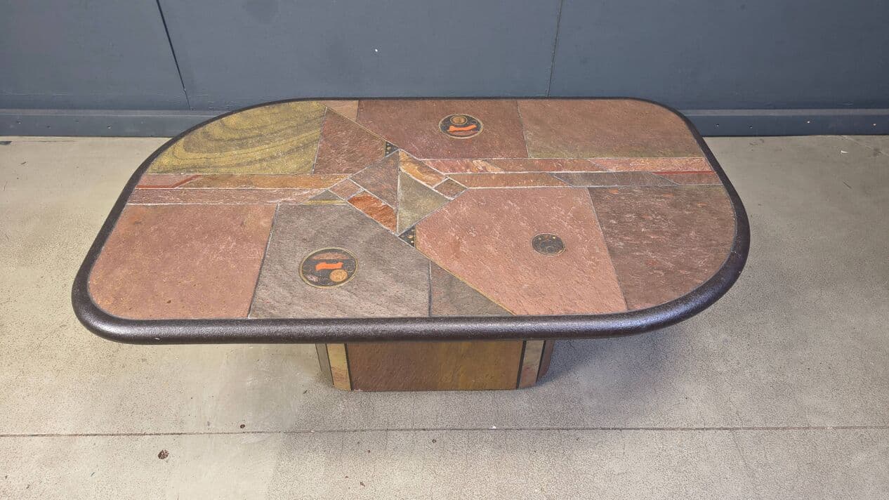 Coffee Table, Paul Kingma Style, brown stone, brass, copper, Germany, 1980s - 329624