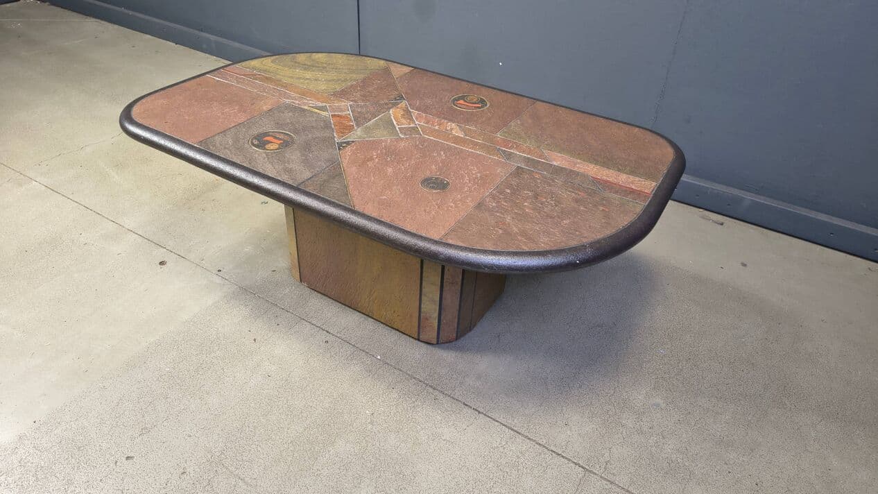 Coffee Table, Paul Kingma Style, brown stone, brass, copper, Germany, 1980s - 329632
