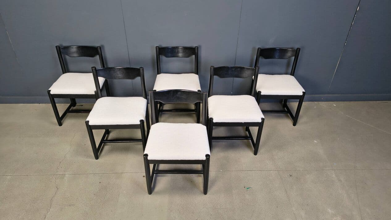 Set of six dining chairs, black wood, white bouclé, Belgium, 1970s. - 329601
