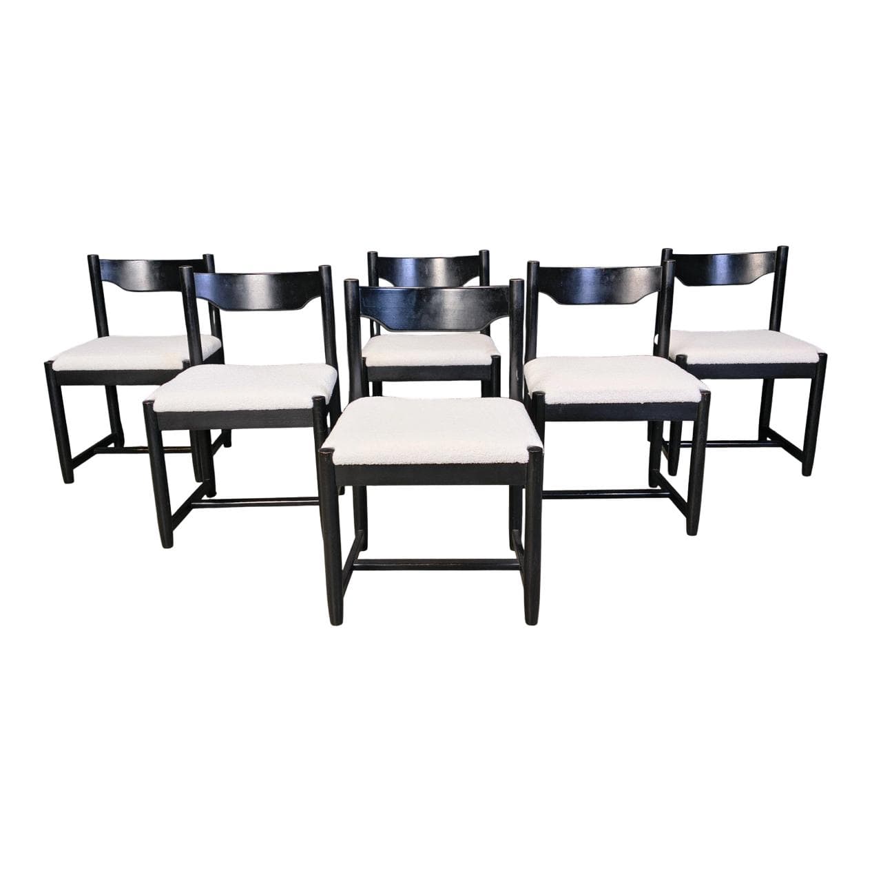 Set of six dining chairs, black wood, white bouclé, Belgium, 1970s.