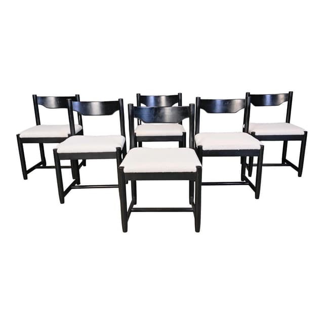 Set of six dining chairs, black wood, white bouclé, Belgium, 1970s. - DIMENSION