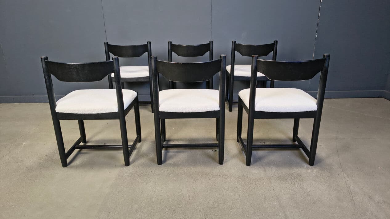 Set of six dining chairs, black wood, white bouclé, Belgium, 1970s. - 329610