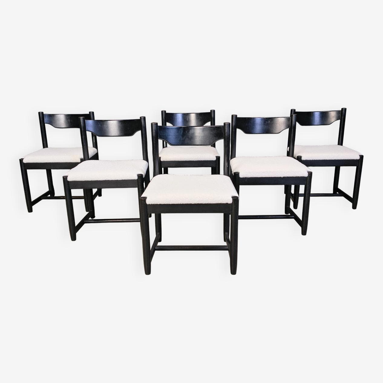 Set of six dining chairs, black wood, white bouclé, Belgium, 1970s. - 329603