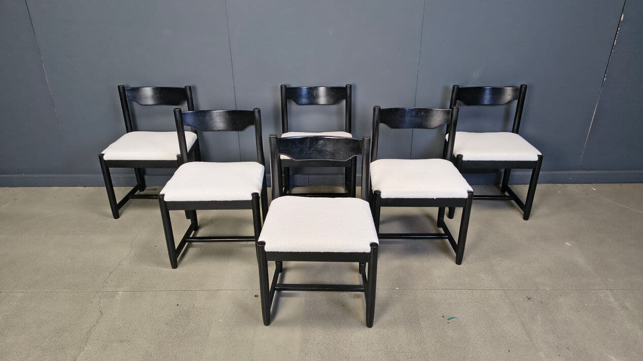 Set of six dining chairs, black wood, white bouclé, Belgium, 1970s. - 329604