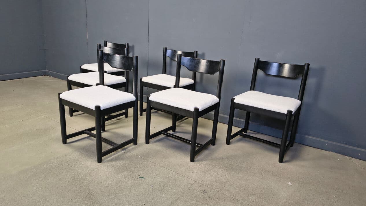 Set of six dining chairs, black wood, white bouclé, Belgium, 1970s. - 329608