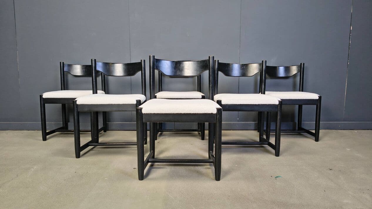 Set of six dining chairs, black wood, white bouclé, Belgium, 1970s. - 329605