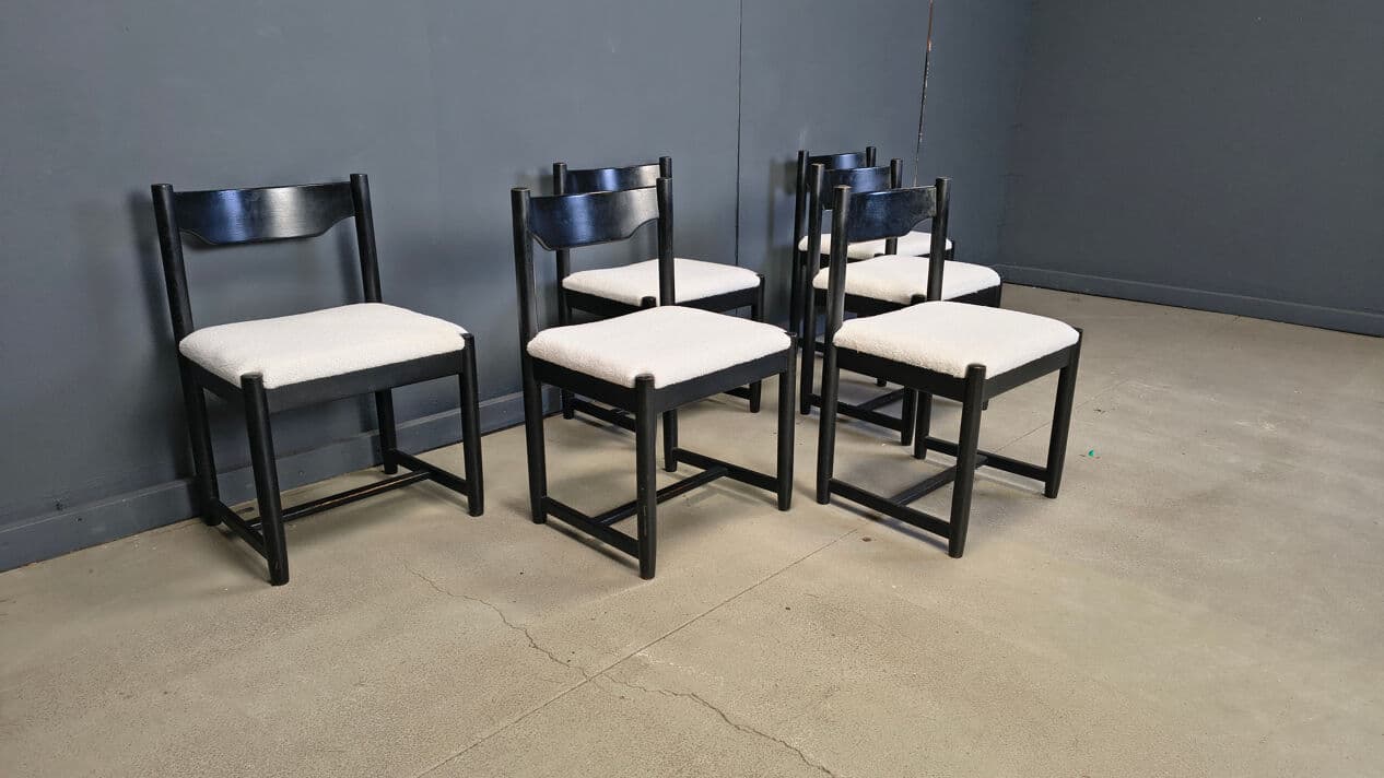 Set of six dining chairs, black wood, white bouclé, Belgium, 1970s. - 329607