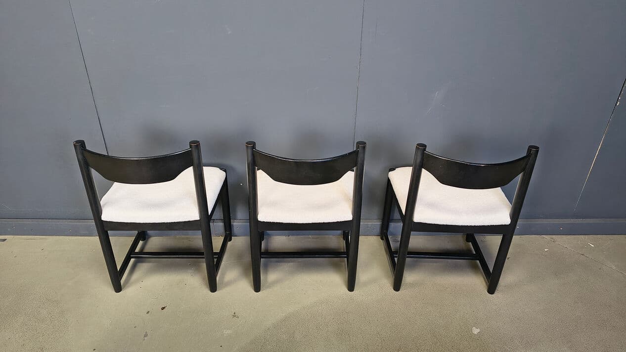 Set of six dining chairs, black wood, white bouclé, Belgium, 1970s. - 329609