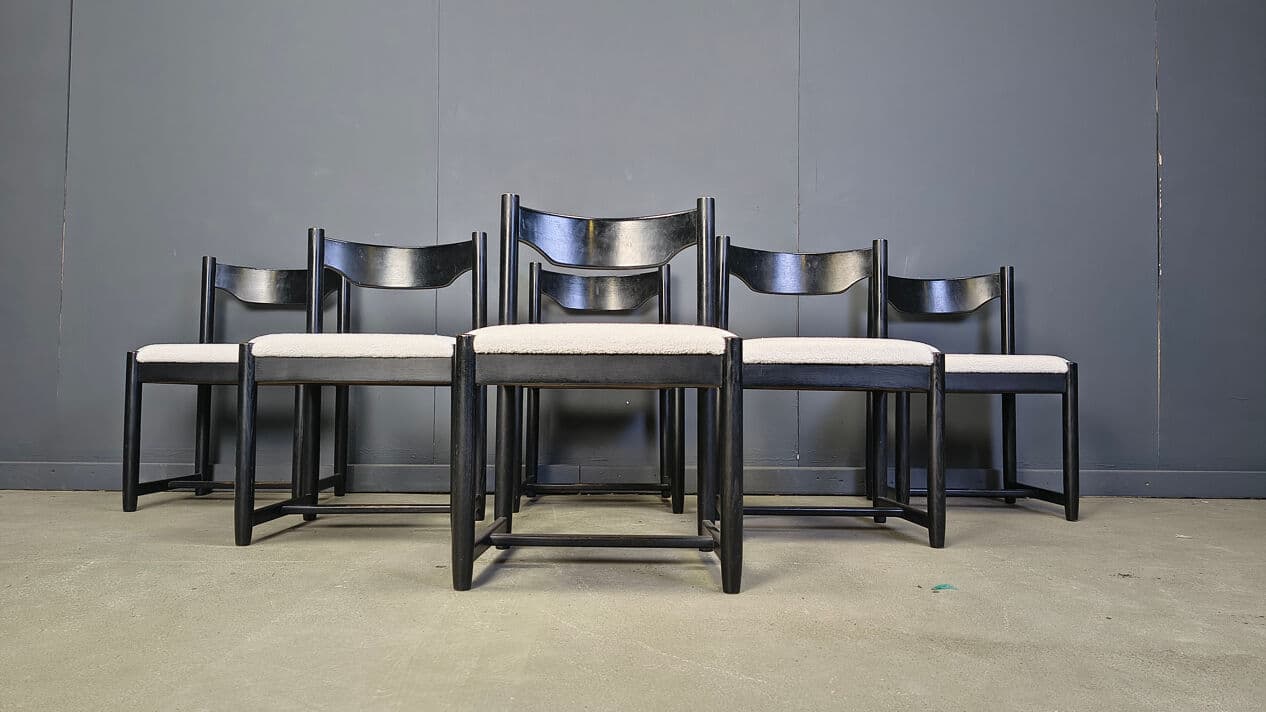 Set of six dining chairs, black wood, white bouclé, Belgium, 1970s. - 329606