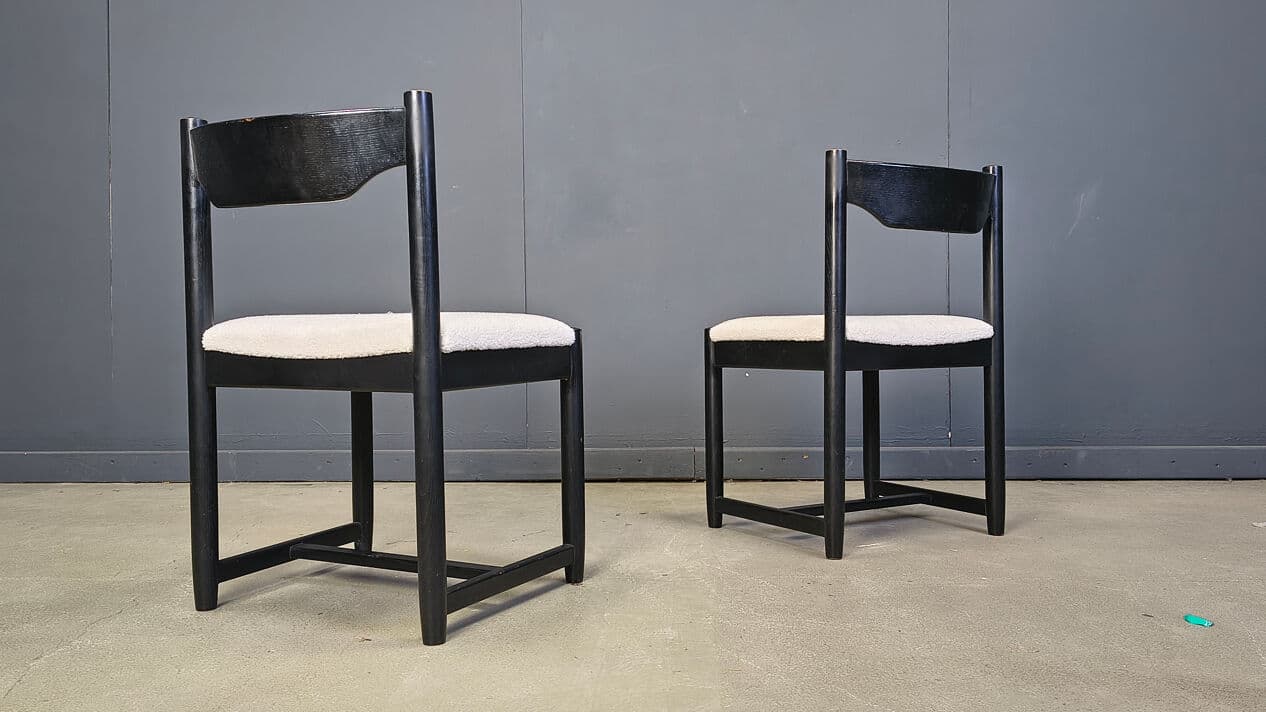 Set of six dining chairs, black wood, white bouclé, Belgium, 1970s. - 329611