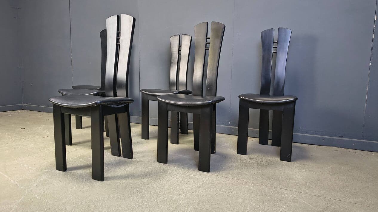 Set of six postmodern dining chairs, black wood, black faux leather, Belgium, 1980s. - 329595