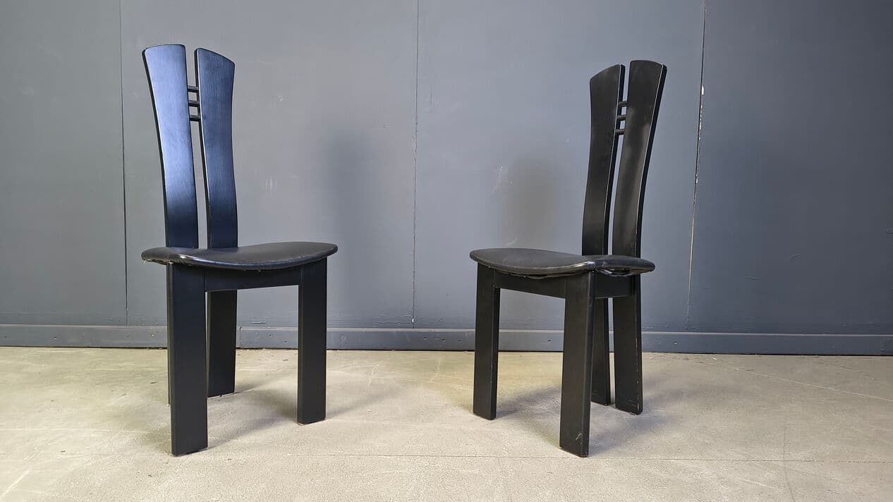 Set of six postmodern dining chairs, black wood, black faux leather, Belgium, 1980s. - 329598