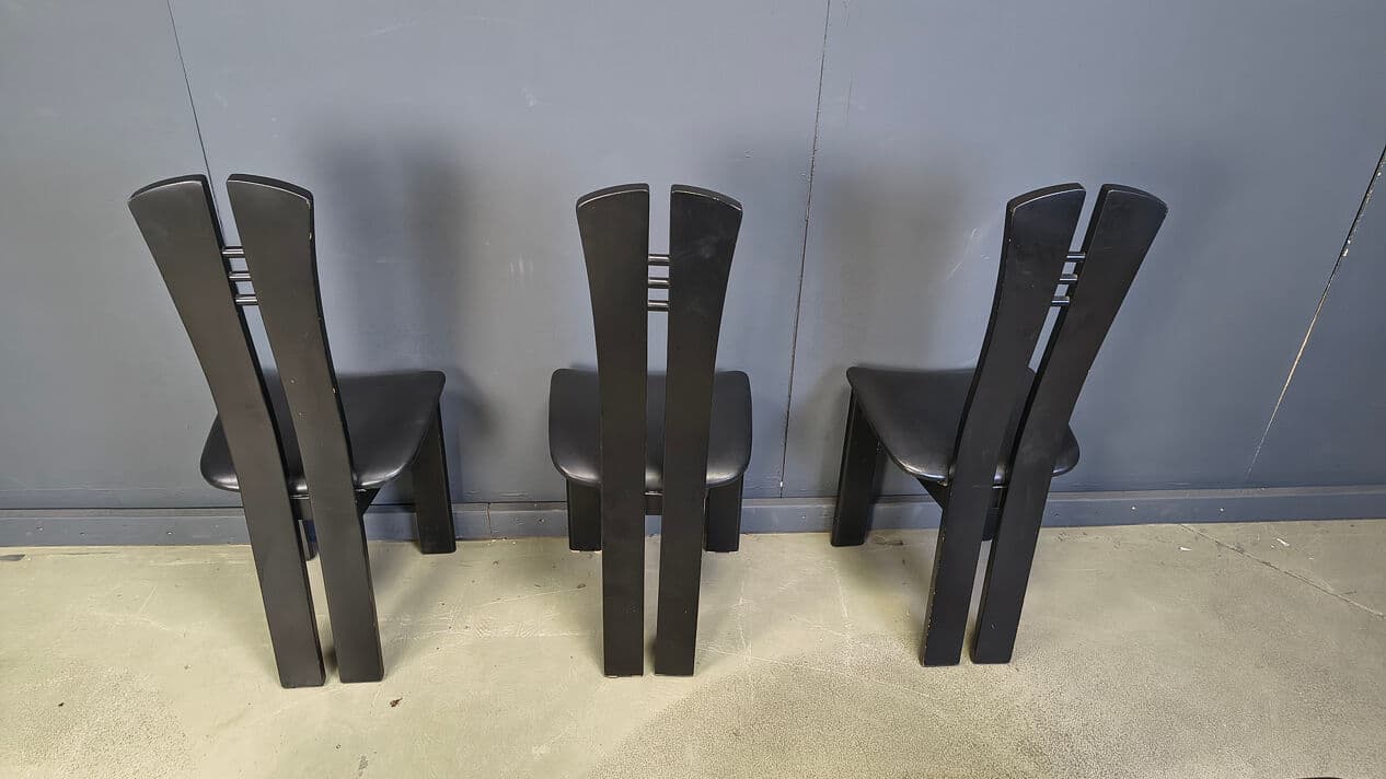 Set of six postmodern dining chairs, black wood, black faux leather, Belgium, 1980s. - 329597