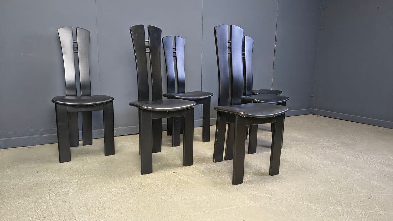 Set of six postmodern dining chairs, black wood, black faux leather, Belgium, 1980s. - 329594