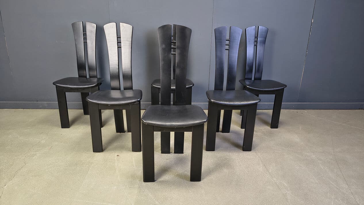 Set of six postmodern dining chairs, black wood, black faux leather, Belgium, 1980s. - 329589