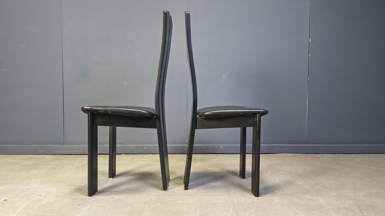 Set of six postmodern dining chairs, black wood, black faux leather, Belgium, 1980s. - 329599